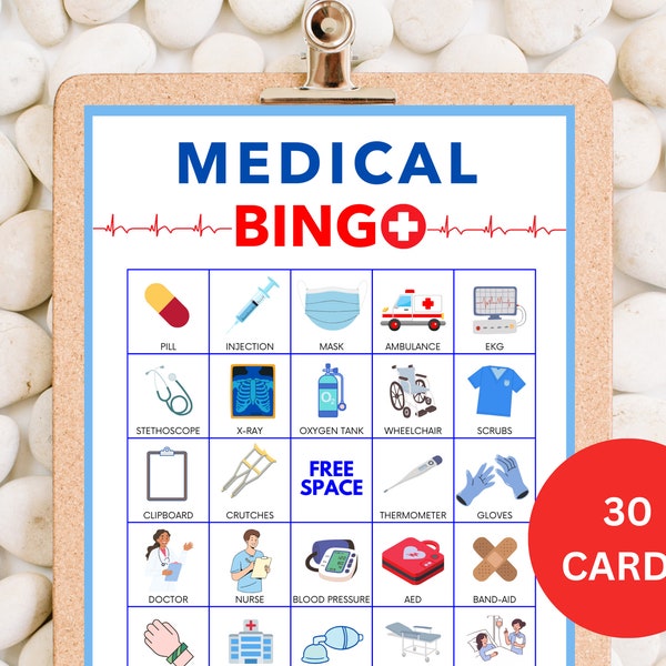 Medical Bingo - Set of 30 Printable Cards for Doctor and Nurse Events - Nurse Graduation & Retirement Game - Fun Doctor Party Activity