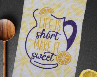 Lemon Kitchen towel, Hostess Gift, Housewarming, Lemon Kitchen Décor, Lemonade Pitcher Kitchen Dish Towel, Whimsical Hand Towel, Embroidered