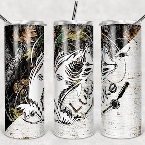 Fishing camo 20 oz skinny tumbler with lid and straw