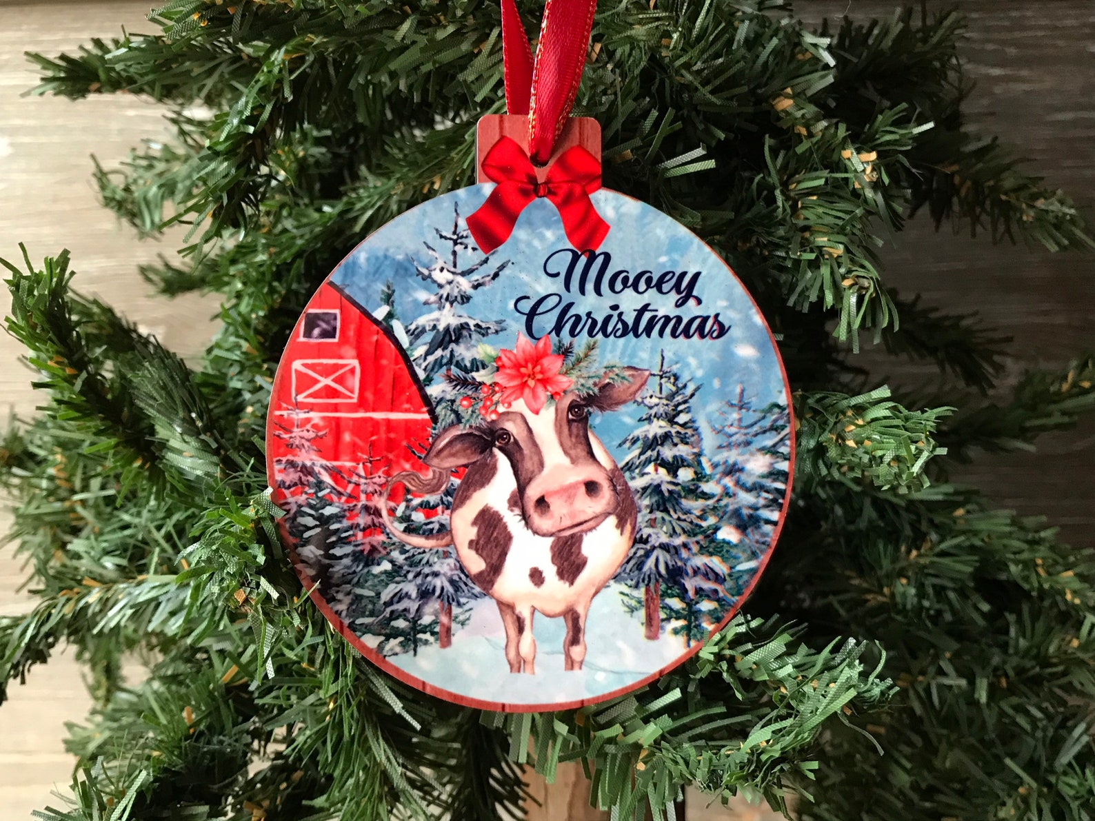 Cow CHRISTMAS Tree Ornament Country Farm Decor Snowy Red Etsy