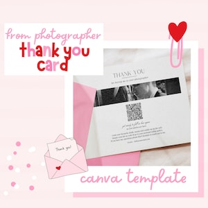 Plantilla de tarjeta de agradecimiento con foto, tarjeta con código QR del fotógrafo al cliente, código QR para sitios web de fotógrafos de bodas, plantilla editable de Canva