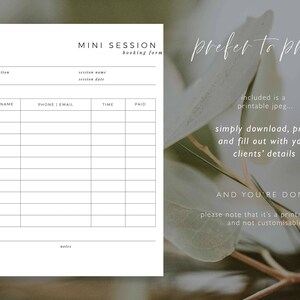 Booking Form for Mini Sessions, Printable Photo Shoot Register ...