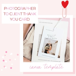 Tarjeta de agradecimiento de fotógrafo a cliente, plantilla minimalista, papelería para fotografía de bodas, plantilla editable de Canva.
