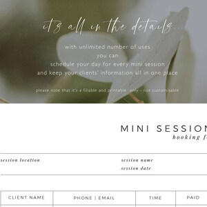 Booking Form for Mini Sessions, Printable Photo Shoot Register ...