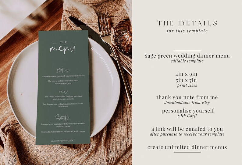 Editable Sage Green Wedding Dinner Menu Printable Minimalist Etsy UK