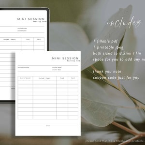 Booking Form for Mini Sessions, Printable Photo Shoot Register ...