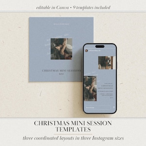 Könnte beinhalten: Ein digitales Vorlagenset für Weihnachts-Mini-Sessions mit einer hellblauen quadratischen Grafik und einem Smartphone, das ein vertikales Layout anzeigt. Der Text lautet Christmas Mini Sessions $250, bearbeitbar in Canva mit 9 enthaltenen Vorlagen.