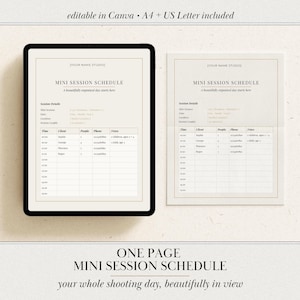 Op de afbeelding: Een digitale tablet en een geprint document met een sjabloon voor een mini-sessieplanning. De lay-out bevat een koptekst met Your Name Studio, sessiedetails en een tabel met kolommen voor tijd, klant, personen, telefoon en notities.