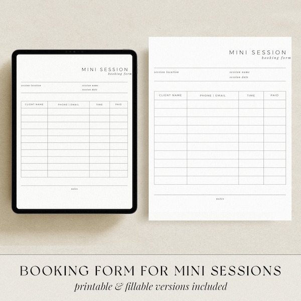 Booking Form for Mini Sessions, Printable Photo Shoot Register, Fillable PDF Photography Forms, Mini Session Sign Up Form