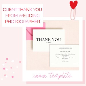 Tarjeta de agradecimiento para el cliente del fotógrafo de bodas, plantilla de tarjeta de agradecimiento minimalista, nota de agradecimiento para fotógrafos, plantilla de Canva