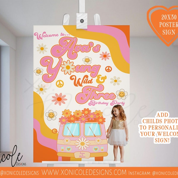 Retro Young Wild and Three Birthday Welcome Sign - Poster - Welcome Sign - Groovy Party Banner - Hippie Banner- Daisy Third Birthday