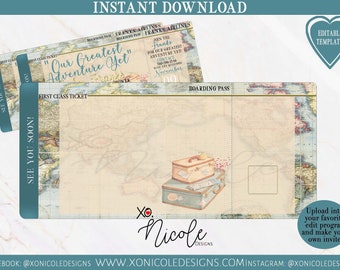 World Map Invitation - Airplane Boarding Pass -Editable Template - Instant Download -Adventure Awaits - Baby Shower Invite - Editable
