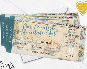 World Map Invitation - Airplane Boarding Pass - Adventure Awaits Baby Shower Invitation - Baby Shower Invite - Boarding Pass - Invitation