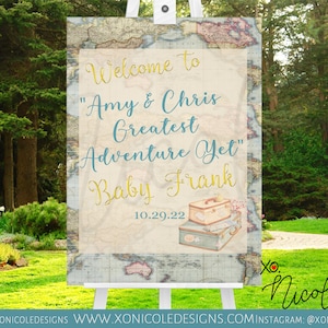 Adventure Awaits Baby shower Sign - Poster - Welcome Sign - Vintage World Map Banner - Travel Theme Banner - Adventure Awaits Birthday