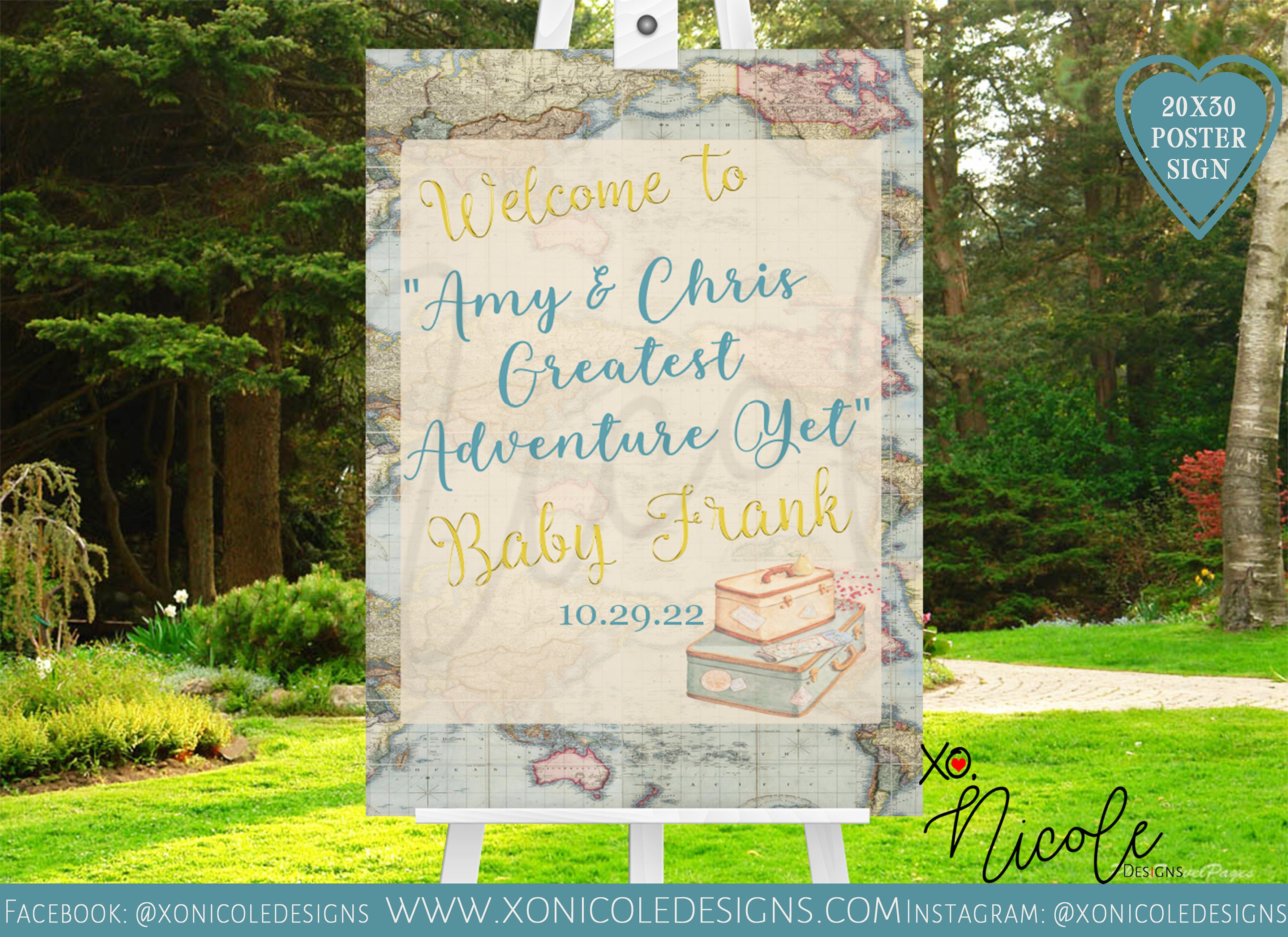 Adventure Awaits Baby shower Sign - Poster - Welcome Sign - Vintage World Map Banner - Travel Theme Banner - Adventure Awaits Birthday