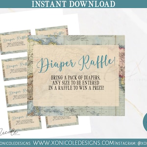 Tarjeta de mapa mundial - La aventura espera la tarjeta de rifa de pañales - Descarga instantánea - Tarjetas de baby shower - Mapa temático Baby Shower -Avión