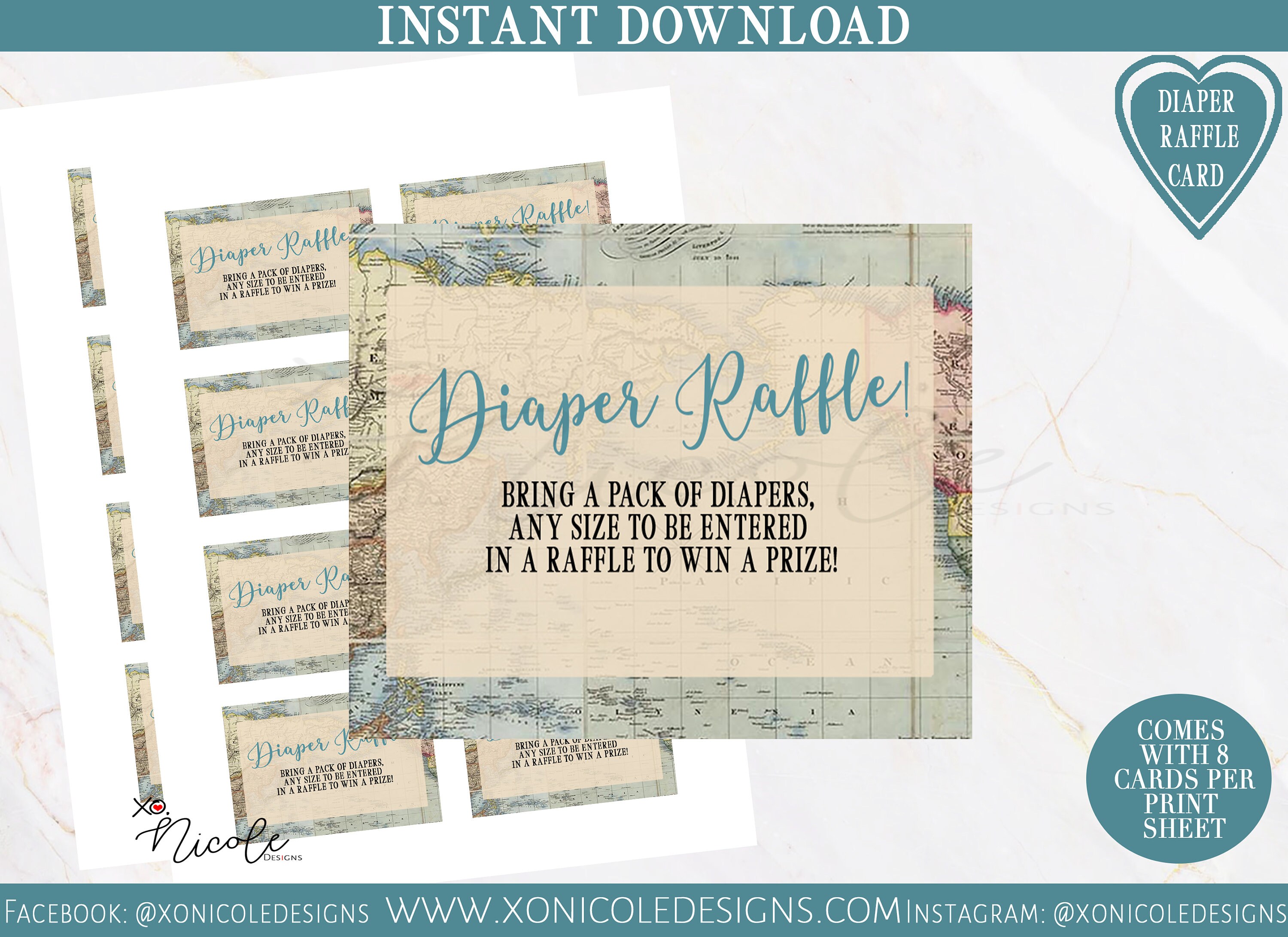 World Map Card - Adventure Awaits Diaper Raffle Card - Instant Download - Baby Shower Cards - Map Theme Baby Shower -Airplane