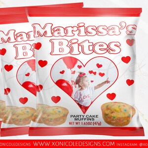 May include: Three white bags with red trim and a red heart design. The bags have the text "Marissa's Bites" and a picture of a young girl holding balloons. The bags also have the text "Party Cake Muffins" and "Net Wt 1.65 oz (47g)".