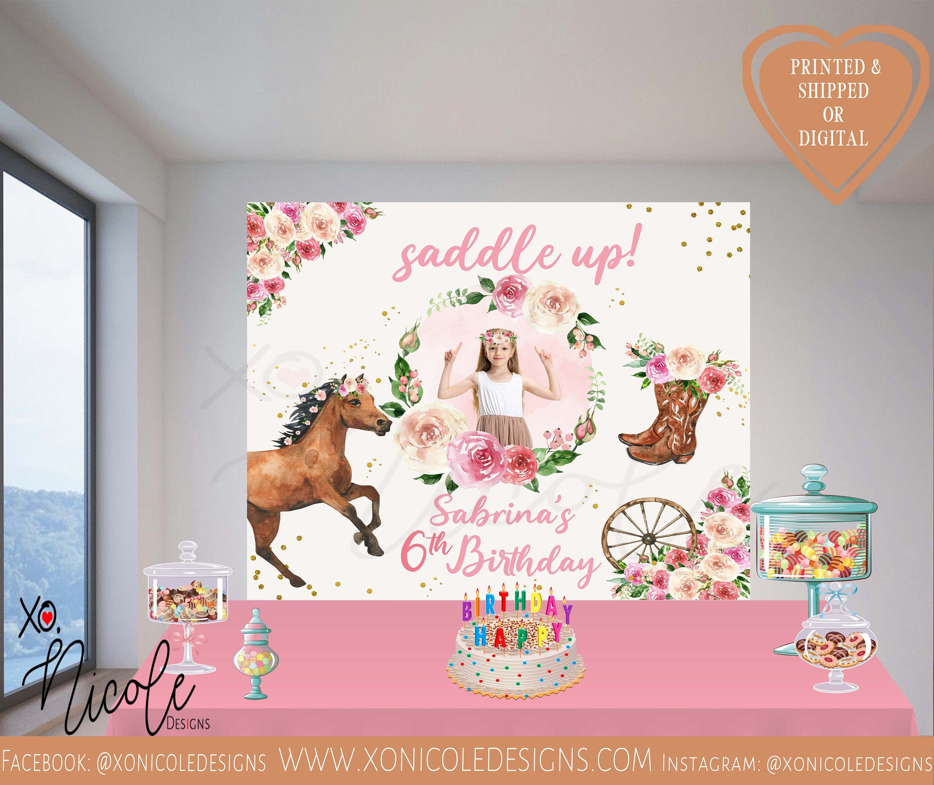 Watercolor Cowgirl Birthday Backdrop Western Backdrop Rodeo Theme Photo Backdrop Cowgirl Birthday Step and Repeat Sign