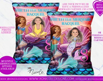 Las bolsas de chips de sirena - Bolsas de chips - Fiesta de sirena - Cumpleaños de sirena - Favores de sirena - Sirena negra - Sirena de dibujos animados