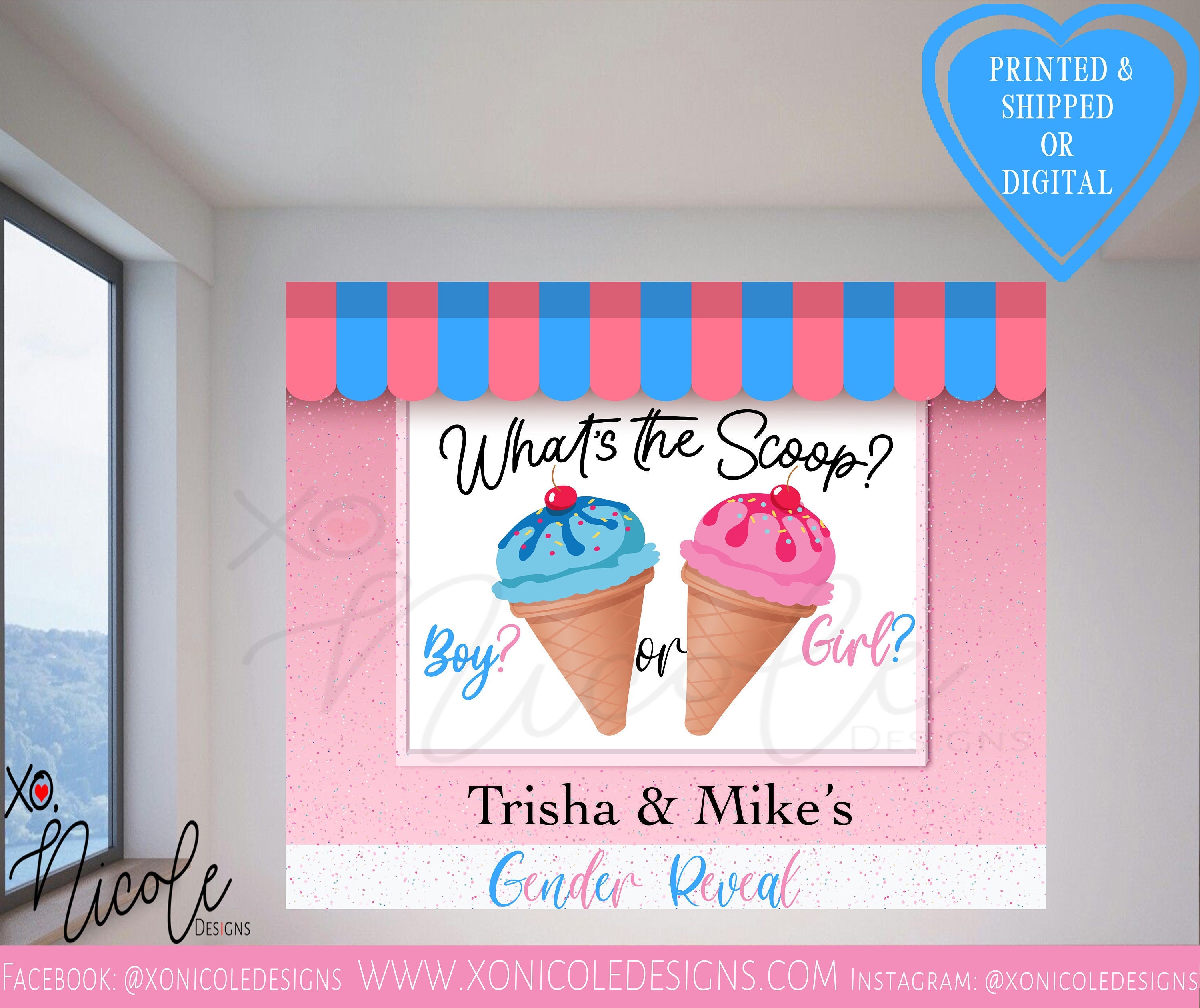 Whats the Scoop Backdrop Gender Reveal Backdrop Ice Creme Theme Photo Backdrop Gender Reveal Step and Repeat Sign Backdrop