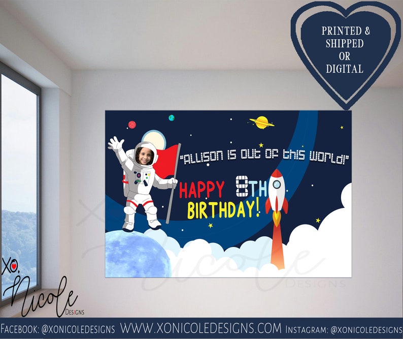 Space Banner Astronaut Backdrop Galaxy Birthday Party Poster Space Theme Sign Astronaut Party Step /& Repeat Galaxy Party