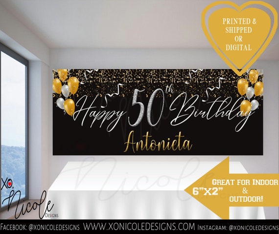 1 pezzo Striscione nero e oro per 50° compleanno, decorazioni