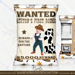 Rodeo Cowboy Chip Bag - First Rodeo Chip Bag - Wanted Cowboy Decor - Rodeo Birthday - Western Cowboy Party - Cowboy Chip Bag - Boy