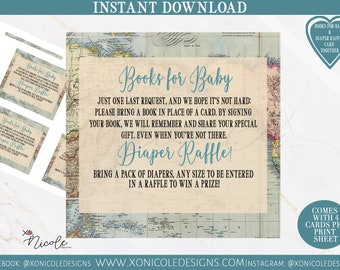 World Map Books for Baby card - Adventure Awaits Diaper Raffle Card - Instant Download - Baby Shower Cards - Map Theme Baby Shower -Airplane