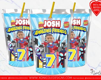 Etiquetas para bolsas de jugo de Spidey y sus amigos - Etiquetas para jugos de recuerdo - Cumpleaños de Spidey - Etiquetas para bolsas - Etiqueta de Spidey y sus amigos - Cumpleaños