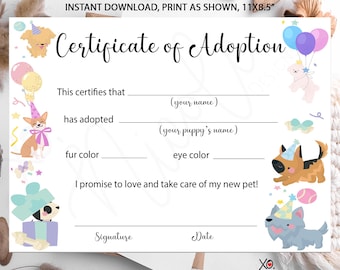 Lets Pawty Puppy Adoption Certificate - Puppy Birthday Certificate - Adopt a Puppy - Puppy Party Party - Adopt a Puppy - INSTANT DOWNLOAD