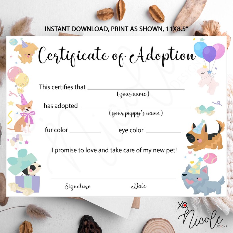Lets Pawty Puppy Adoption Certificate - Puppy Birthday Certificate ...