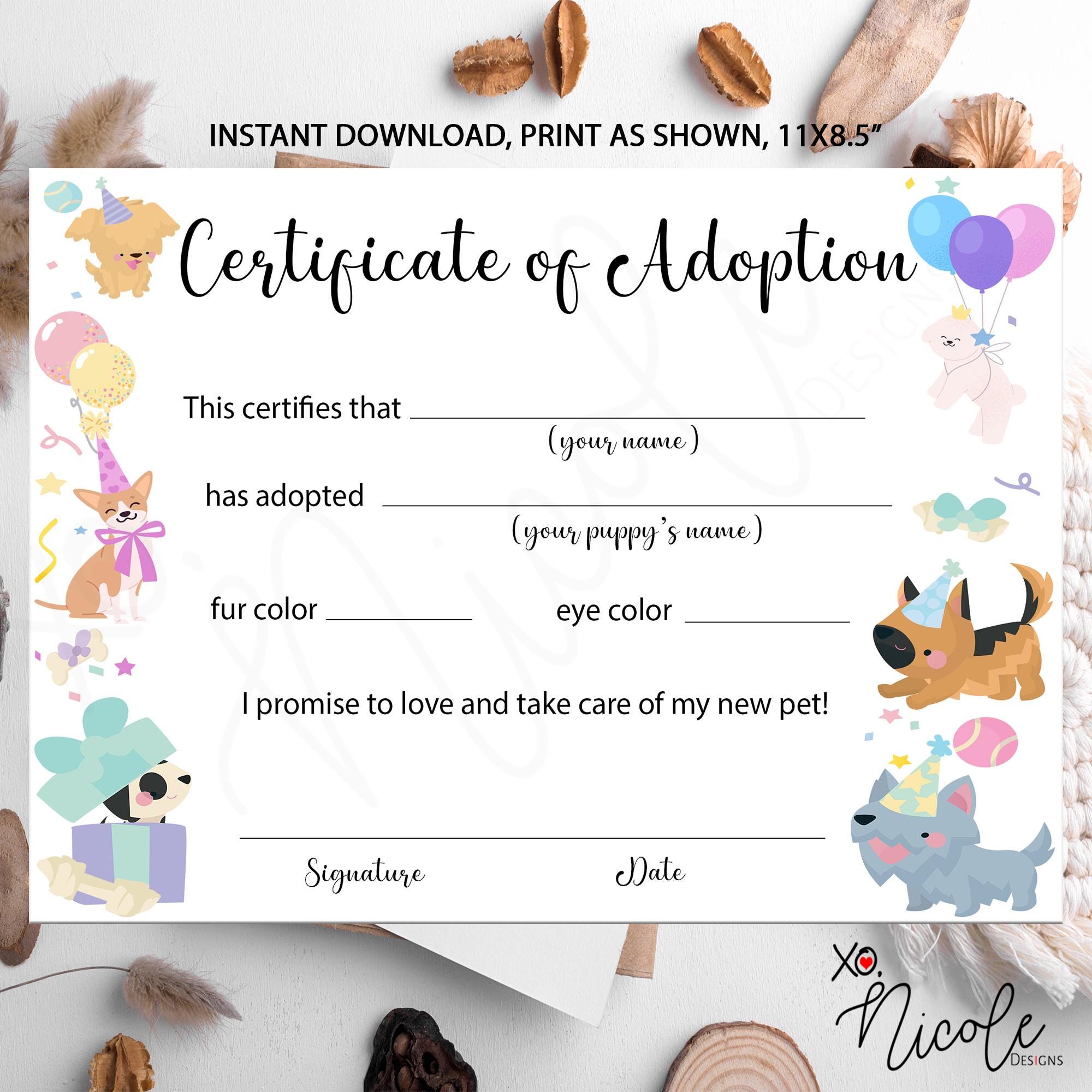 Lets Pawty Puppy Adoption Certificate - Puppy Birthday Certificate ...