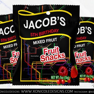 May include: A black and yellow snack bag with a subway map design. The bag says "Jacob's 5th Birthday Mixed Fruit Fruit Snacks" and has a net weight of 5 oz (14g).