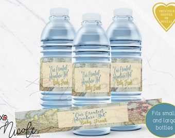 World Map Water Bottles - Favor Water Bottles - Adventure Awaits Baby Shower - World Map Favors - Adventure Awaits - Water Bottle Labels