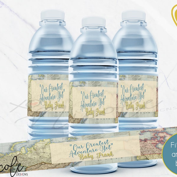 World Map Water Bottles - Favor Water Bottles - Adventure Awaits Baby Shower - World Map Favors - Adventure Awaits - Water Bottle Labels