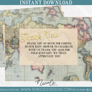 Tarjeta de agradecimiento del mapa mundial - La aventura espera la tarjeta de agradecimiento - Descarga instantánea - La aventura espera - Tarjetas de baby shower - Mapa temático Baby Shower