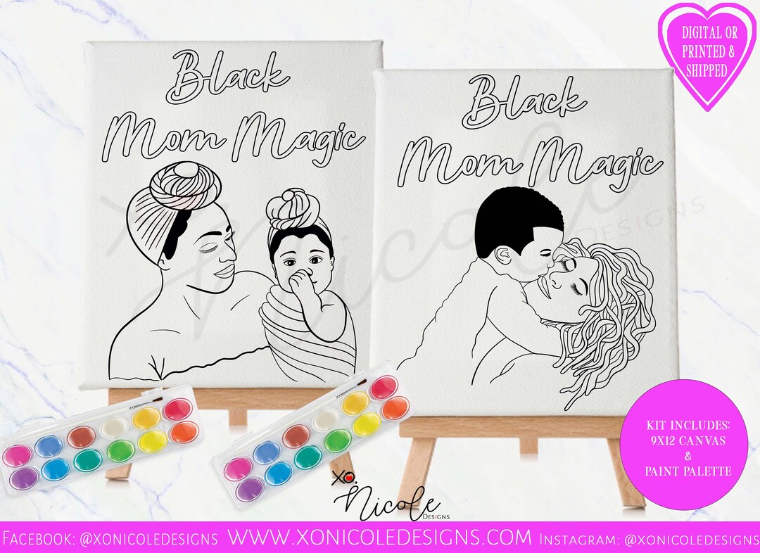 Mothersday Paint & Sip DIY Party Kit/ Pre Drawn/canvas/adult Painting/ at  Home Kit, Gift for Her Black Woman Afro Goddess Gold Dress 