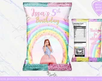 May include: Chip bag favor with a rainbow and stars design. The bag features a photo of a girl with the text "Issa's 5th Birthday".