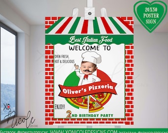 May include: A red, white, and green welcome sign for a pizzeria birthday party. The sign features a cartoon chef with a mustache and a pizza with toppings. The text on the sign reads "Best Italian Food Welcome To Oliver's Pizzeria 2nd Birthday Party".