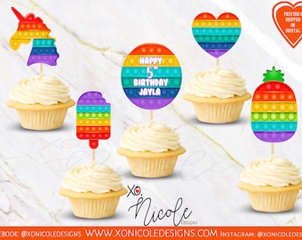 Pop It Cupcake Toppers - Pop It Cupcake Toppers - Toppers de cupcake personalizados - Decorações de festa Pop It - Festa de aniversário Pop It