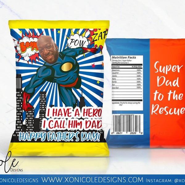 Father's Day Chip Bags - Happy Fathers Day - Gift Wrapper - Superhero Father's Day - Chip Bags - Snack Treat Favor - Custom Face Chip Bag