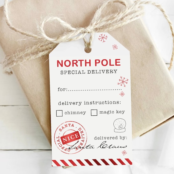 Printable North Pole Delivery Tag, Santa Gift Tags for Kids, Gift Tag From Santa, Printable Christmas Gift Tag
