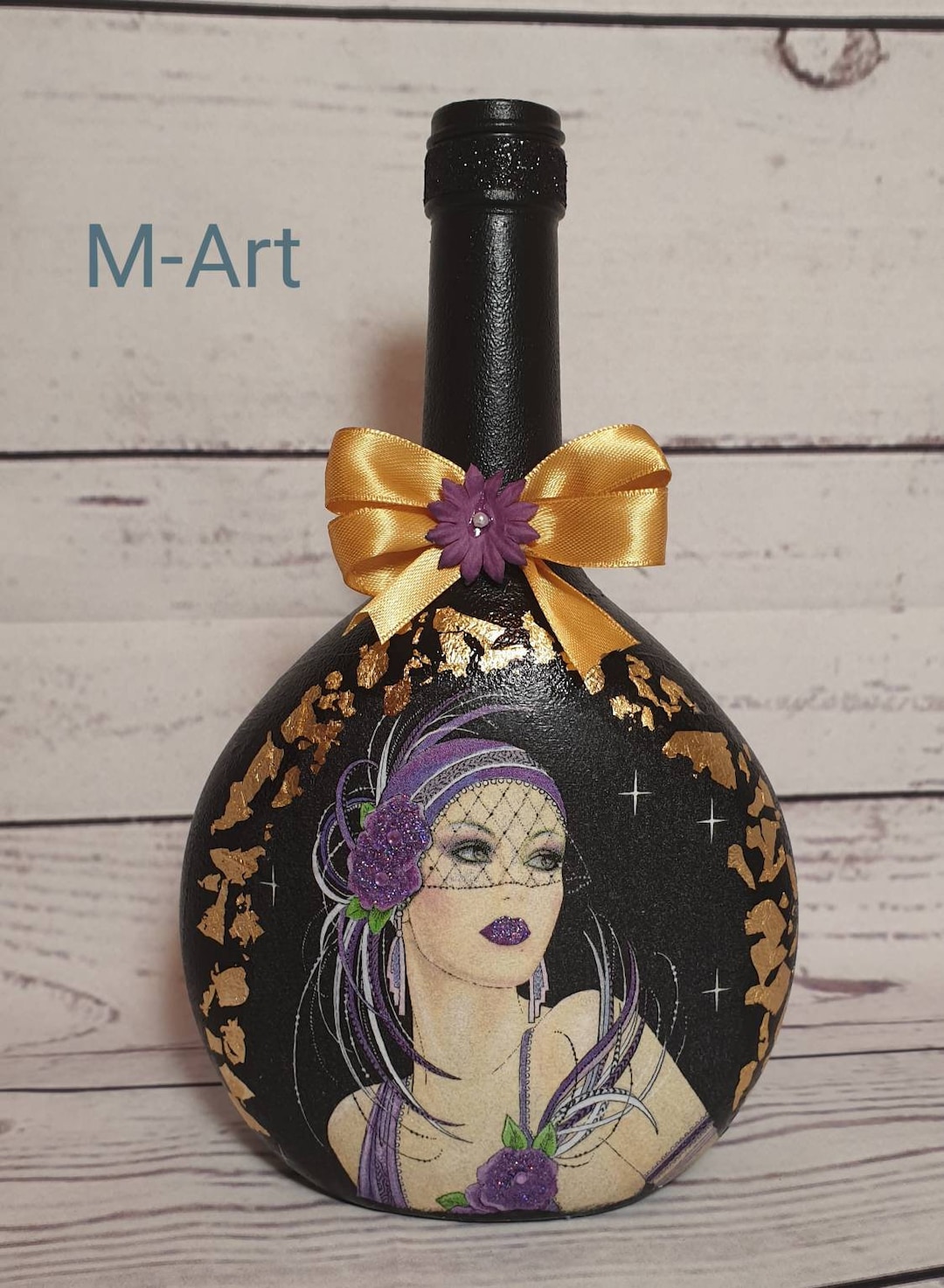 Art Deco Decoupage Bottle Vase Gift Idea for Her Woman Etsy UK