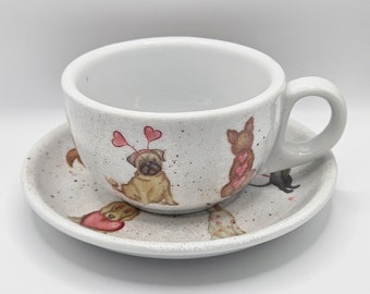 Decoupage ceramic Cappuccino coffee tea cup with saucer love heart dogs pug daschund puppies valentine's gift for her friend mum christmas