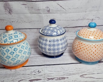 Hand Printed Sugar Bowl with lid kitchen dining condiments storage floral pattern