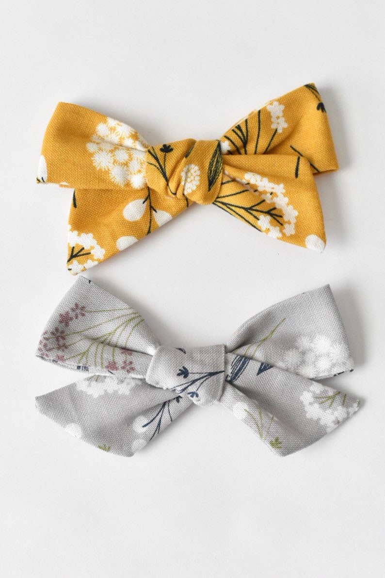 Mustard floral bow Gray floral bow Newborn and toddler bow.