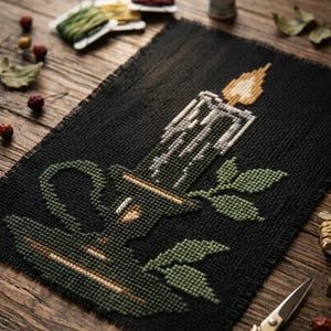 Puede incluir: Diseño de punto de cruz de una vela en un soporte con hojas, sobre tela negra. La vela tiene una llama amarilla y cera blanca. Hilo verde y dorado, tijeras y otros suministros de artesanía sobre una superficie de madera.