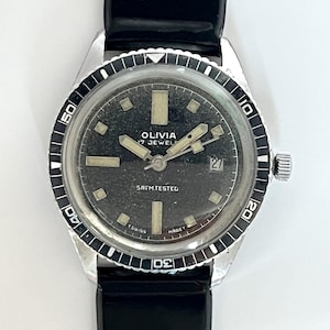 OLIVIA 5 ATM 17 Jewels Swiss Made Vintage Skin Diver Watch With Bezel / Handwinding Movement / 1970s Unisex Wristwatch