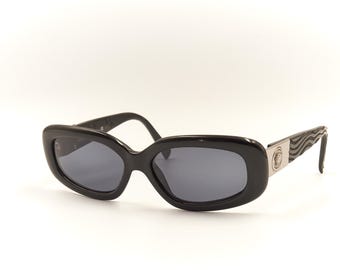 Authentic GIANNI VERSACE Mod 256 Col 374 Medusa Theme Rectangular Black Sunglasses / Good Preowned Condition / 1990s Vintage Designer Women